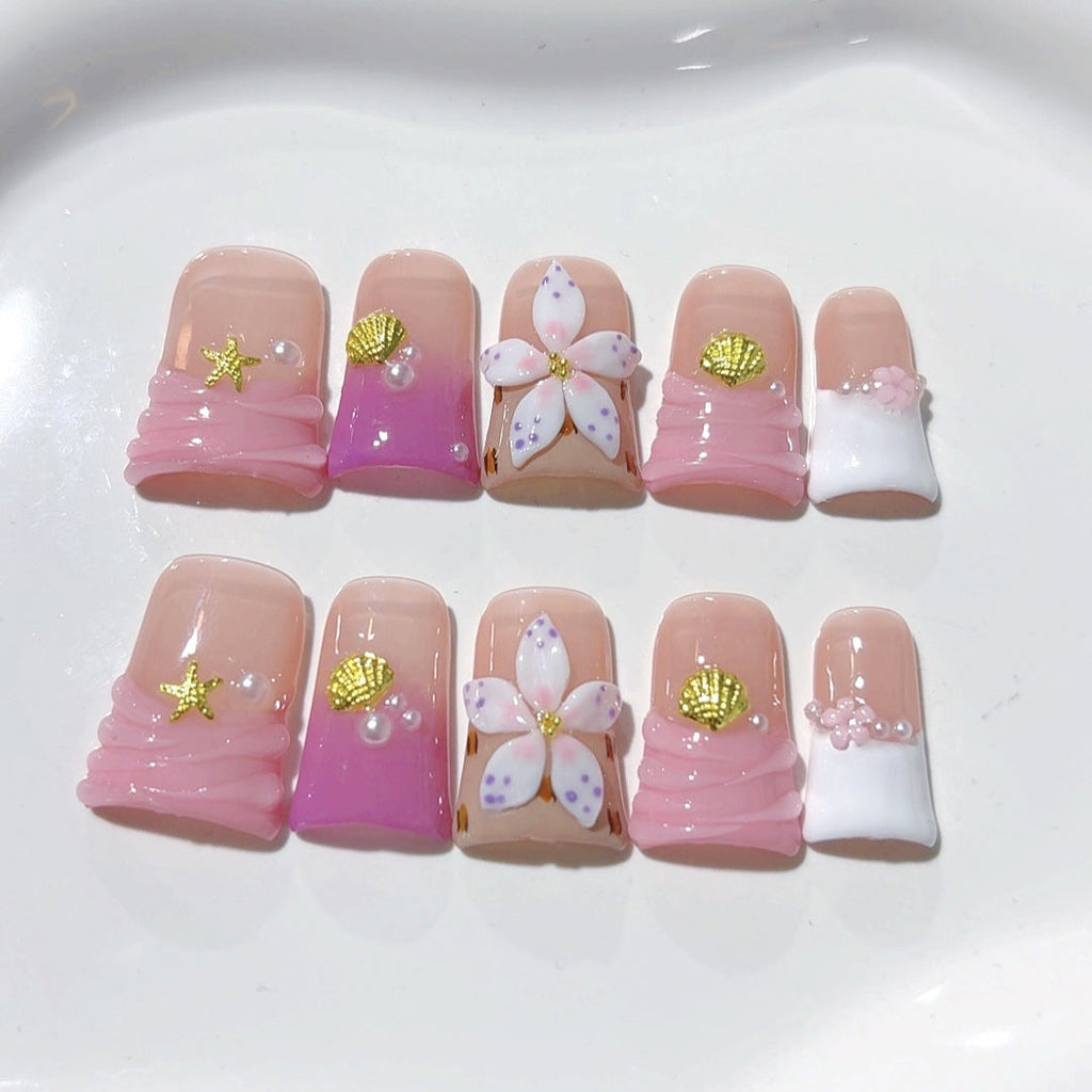 Coastal Bloom: "Seashell Sakura" – Short Square Nails