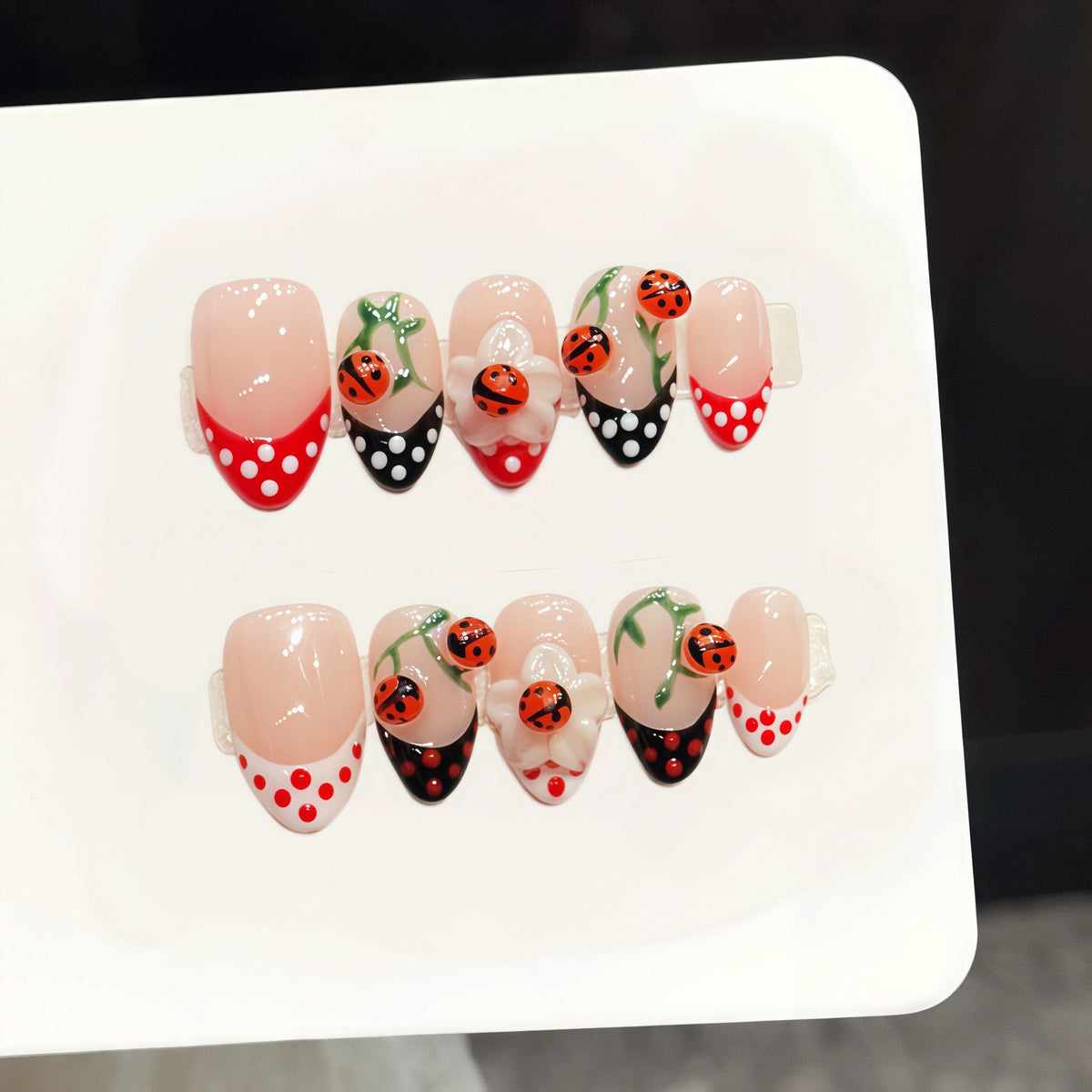 365nails: "Ladybug Garden" – 3D Ladybug & Floral Handmade Short Almond Nails