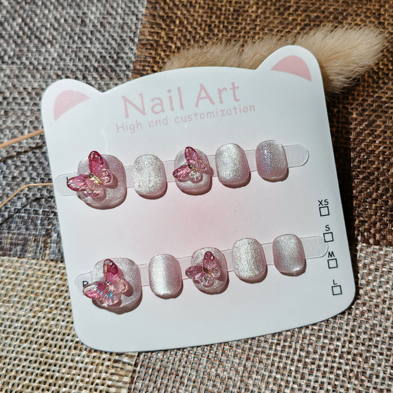 365nails: "aurora pink butterfly" – short squoval handmade kids press-on nails