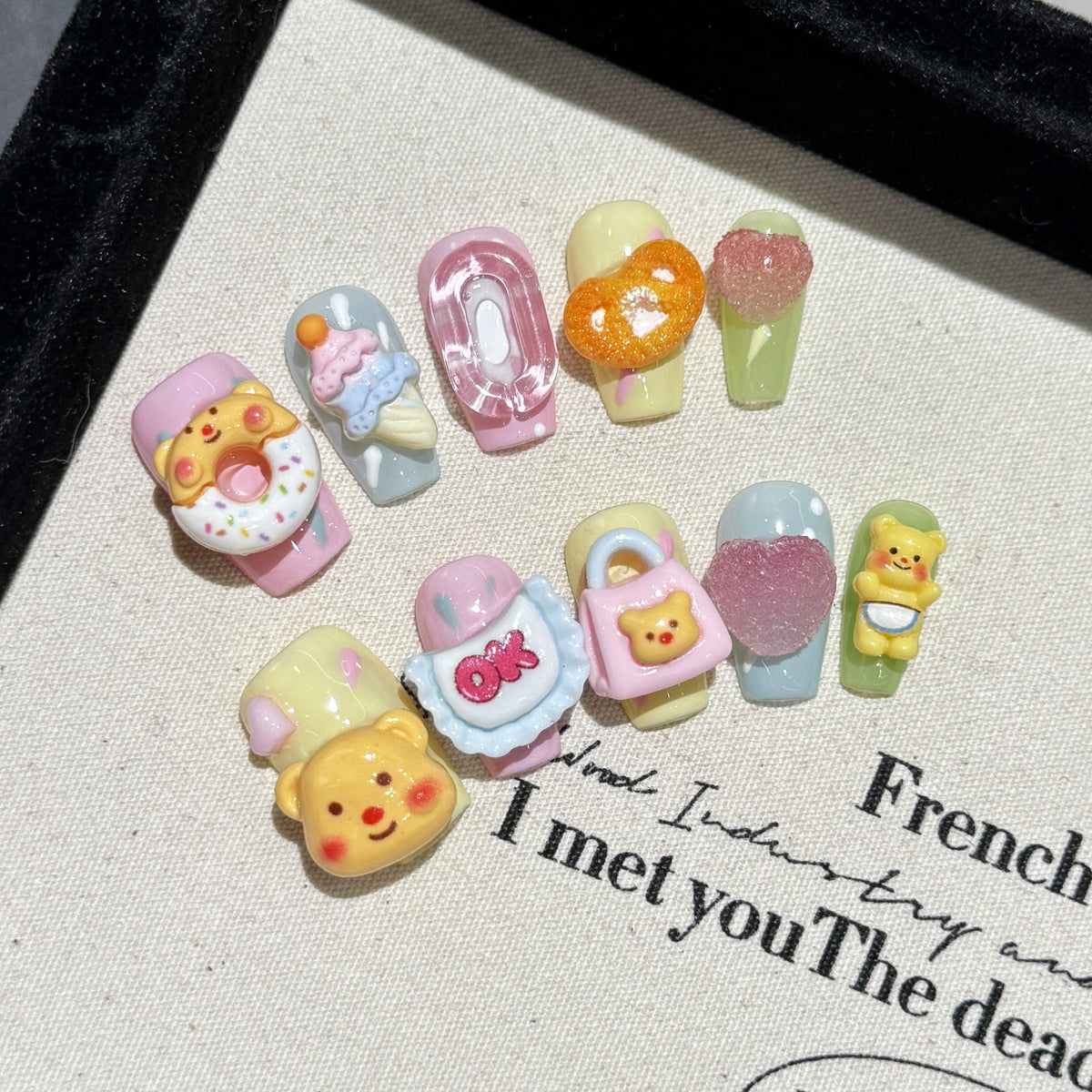 365nails: "Sweet Treats" – 3D Cartoon Bear & Donut Handmade Short Square Nails