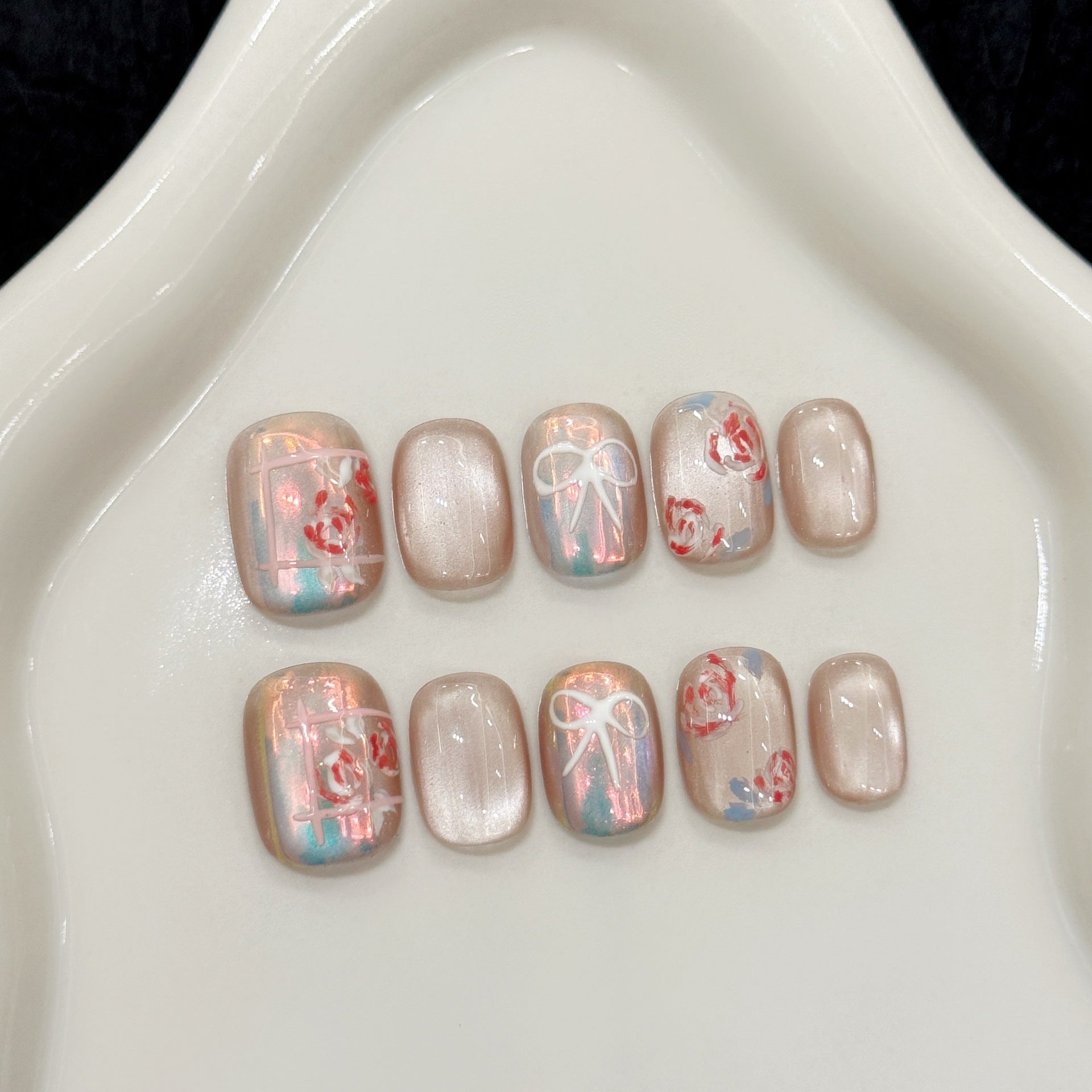 365nails: "Dreamy Opal" – Hand-Painted Floral & Bow Cat Eye Handmade Square Nails