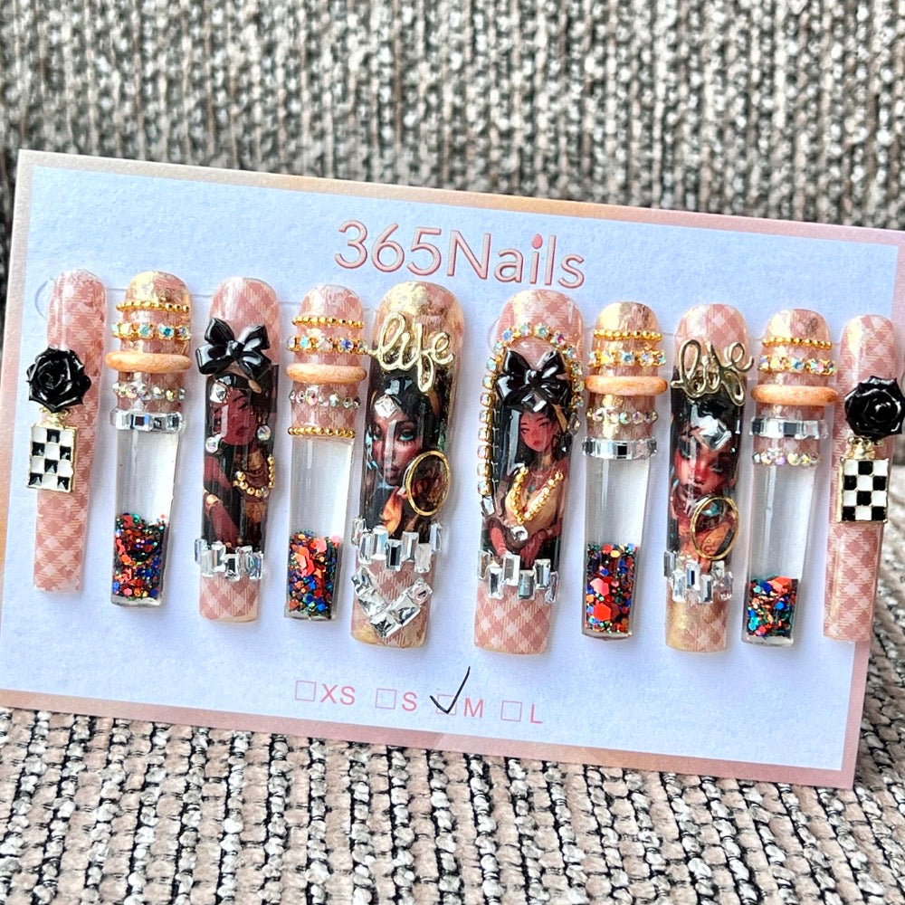 365nails: "Bohemian Tribal Queen" – Handmade Liquid Motion Press-On Long Pipe Nails-5.5cm