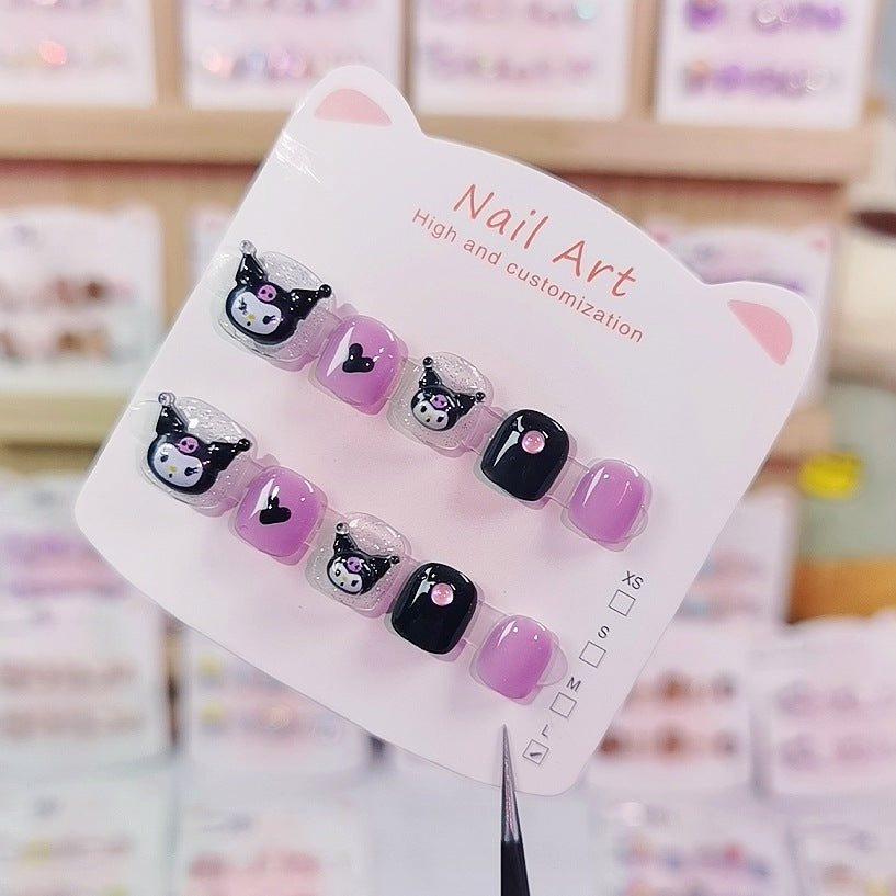 Kulomie Dark Cute Kids Press On Nails with Bow Details
