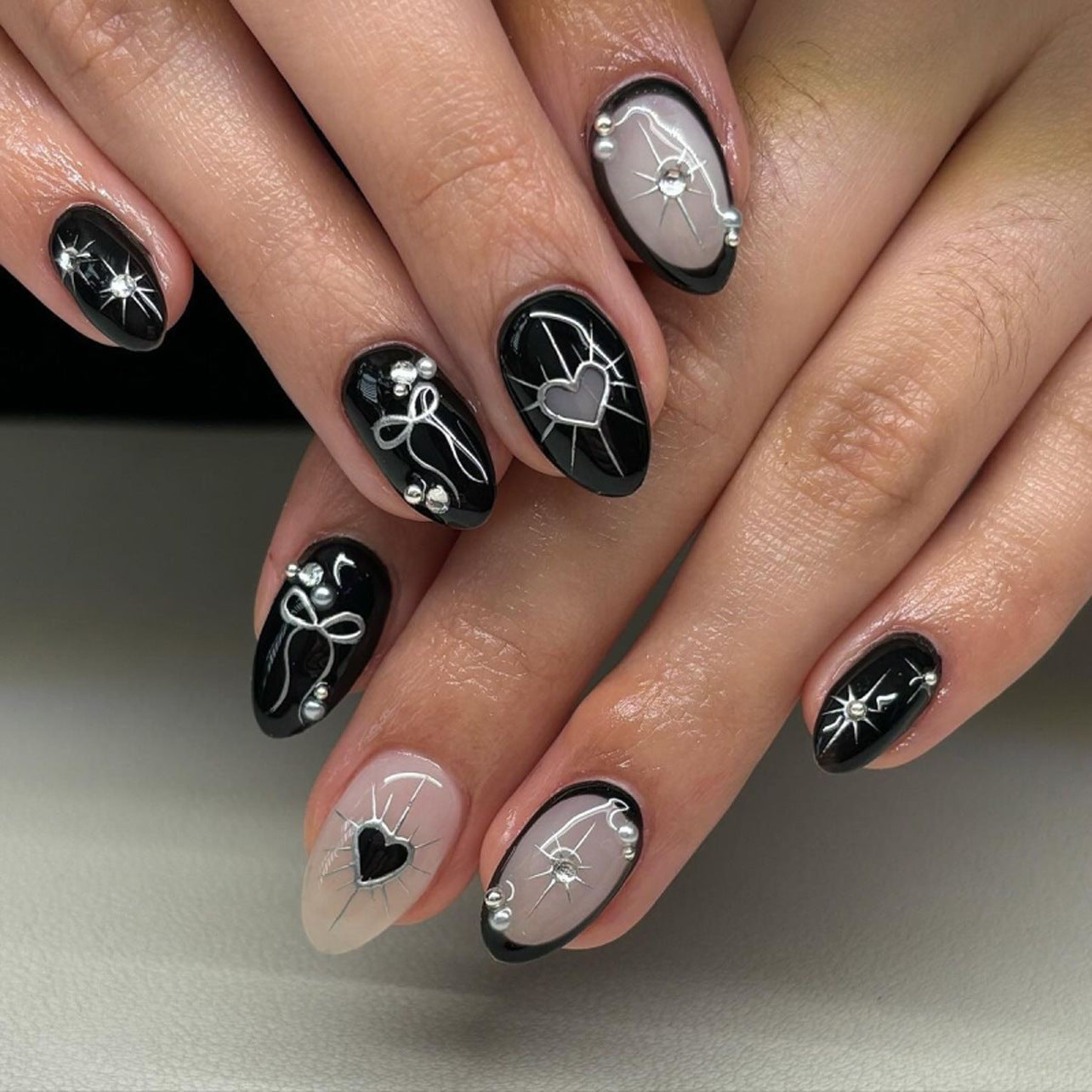Black and White Heart Bow Nails with Pearl Accents