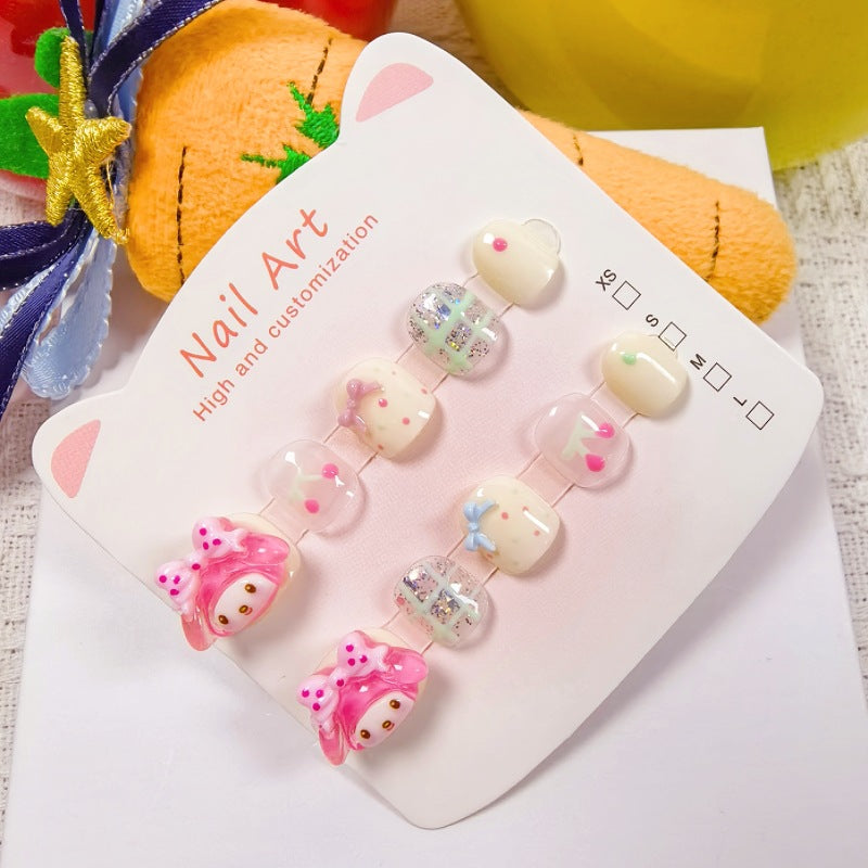 Melody Pink Cute Kids Press On Nails with Bow Glitter