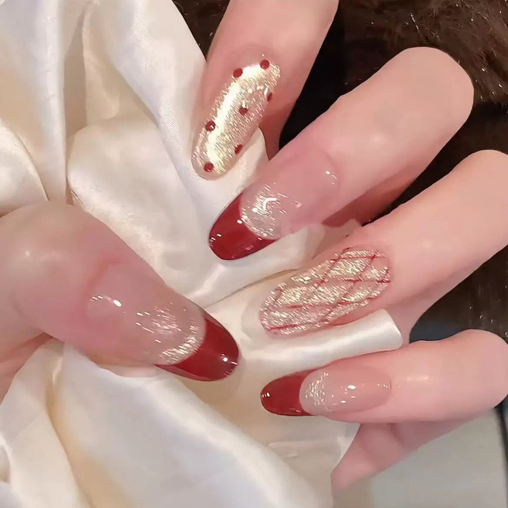 365nails: "Parisian Noel" – Red French Tip & Plaid Handmade Short Square Nails