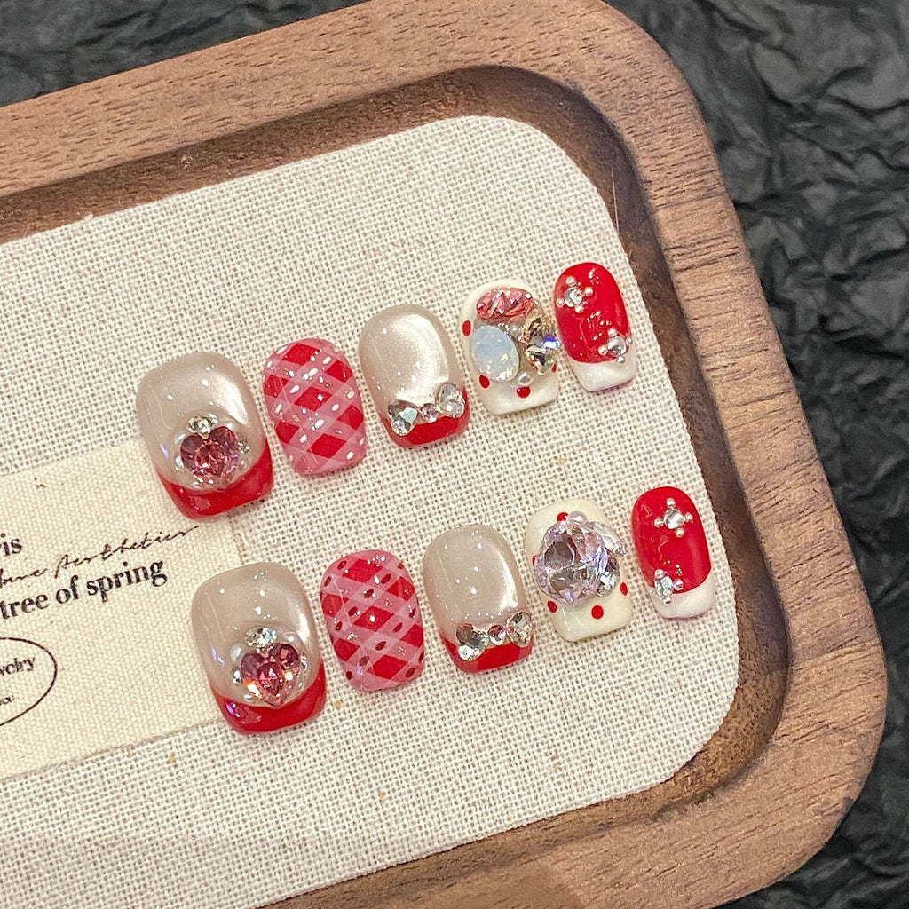 365nails: "Candyland Christmas" – 3D Bow & Plaid Short Square Nails
