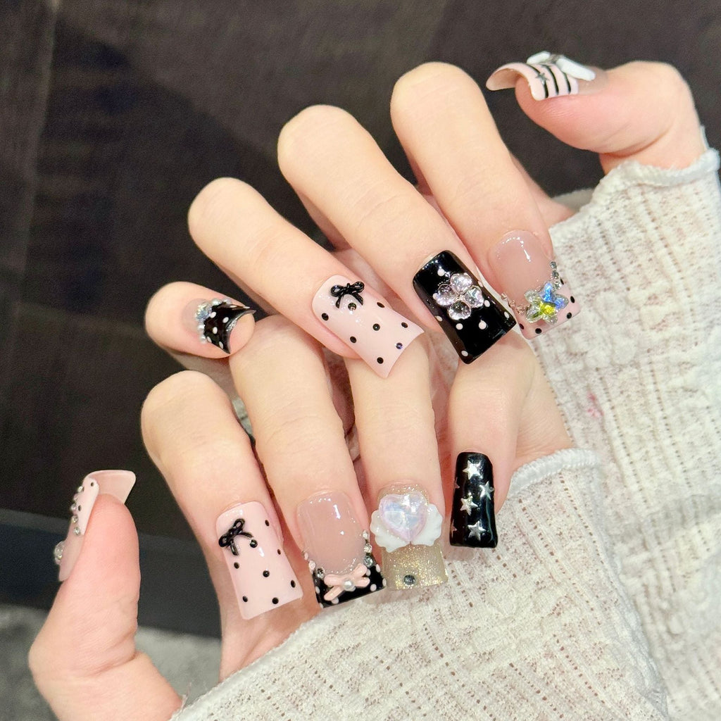 365nails: "Sweet Symphony" – 3D Bow & Music Note Handmade Short Square Nails