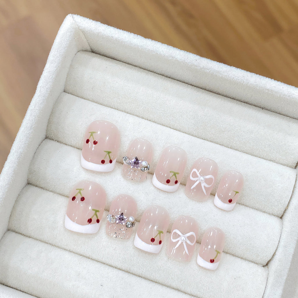 365nails: "Cherry Cream" – Hand-Painted Fruit & Bow French Tip Nails