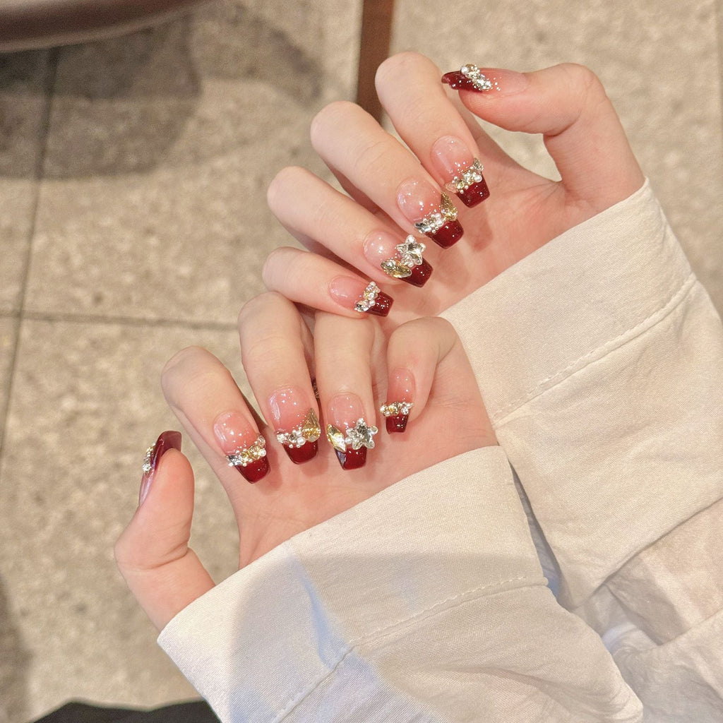 365nails: "Velvet Crush" – Gradient French & Crystal Embellished Handmade Square Nails