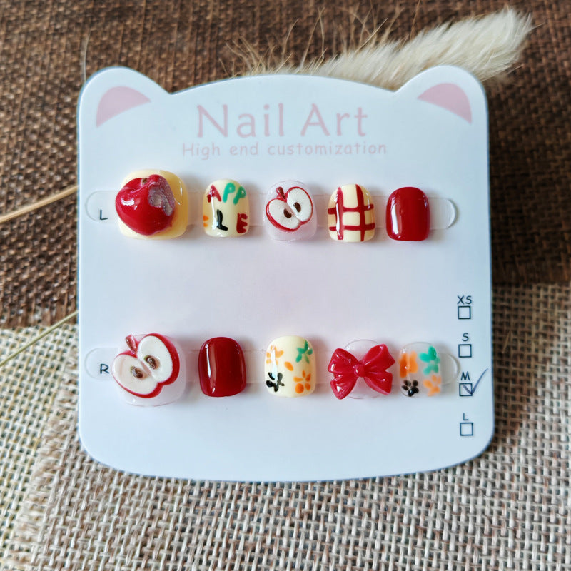 365nails: "cheerful red apple" – short round handmade kids press-on nails