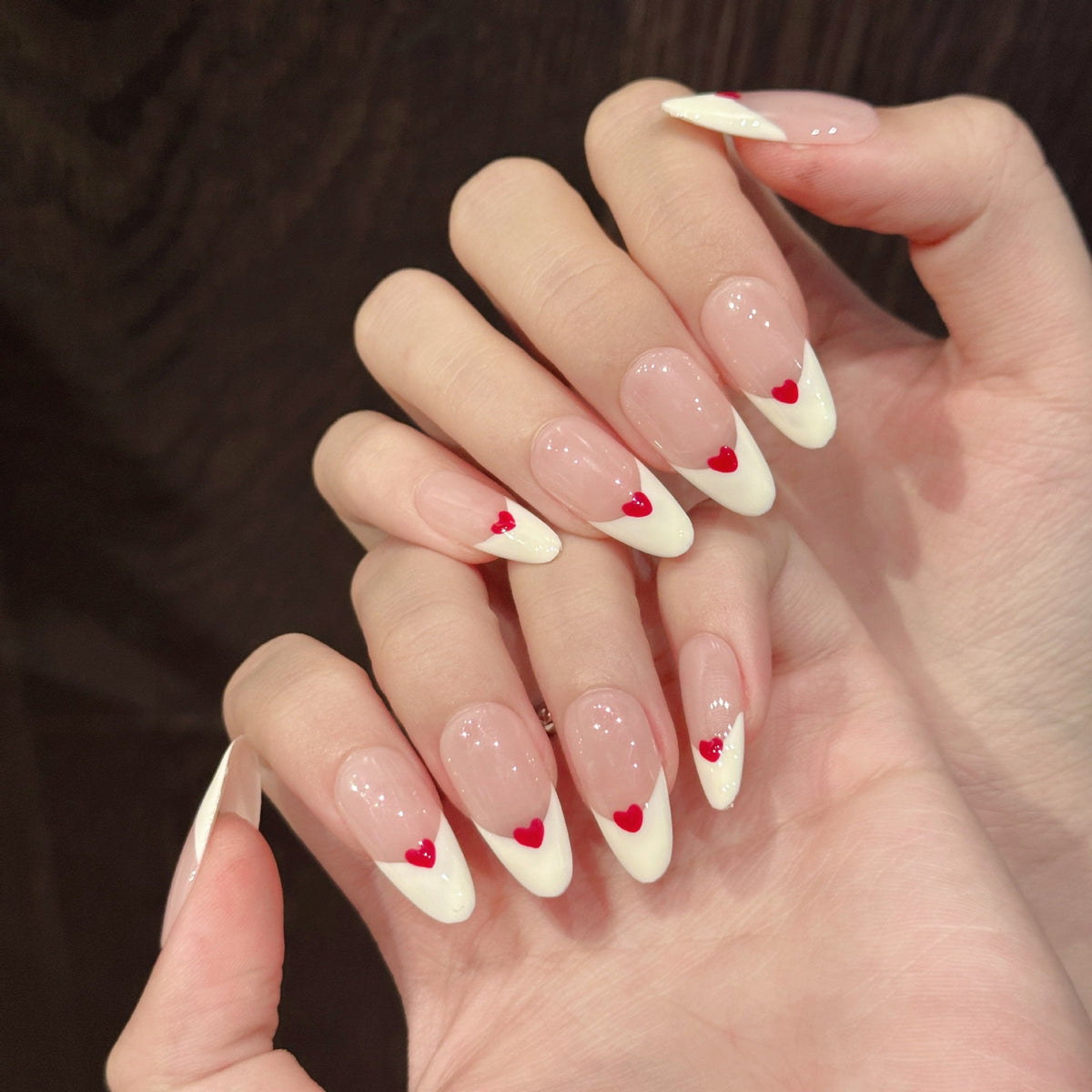 365nails: "Sweetheart's Whisper" – 3D Heart French Tip Handmade Almond Nails