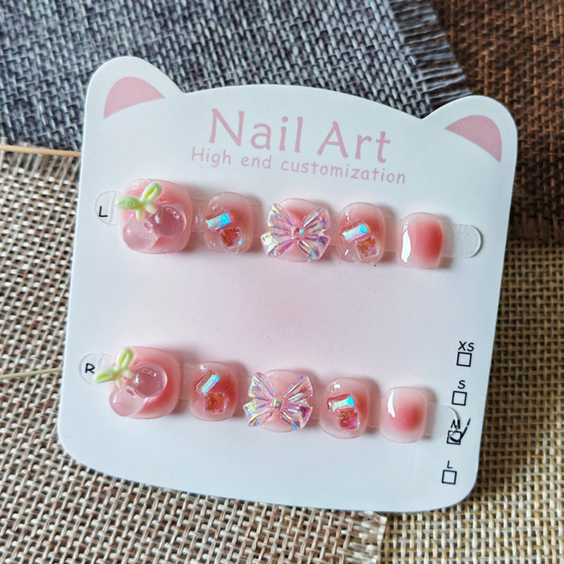 365nails: "peach jelly cherry bow" – short handmade kids press-on nails