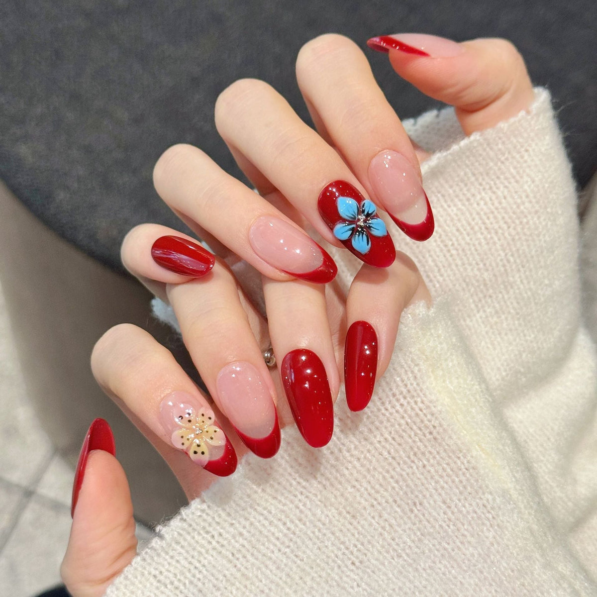 365nails: "Crimson Bloom" – 3D Floral French Tip Handmade Almond Nails