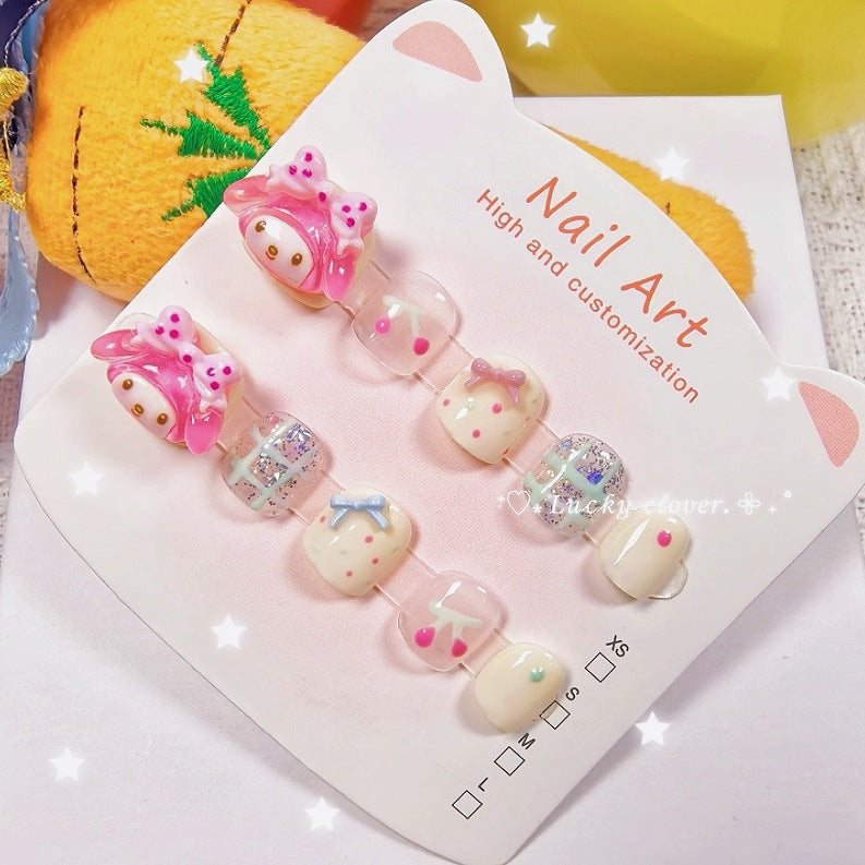 Melody Pink Cute Kids Press On Nails with Bow Glitter