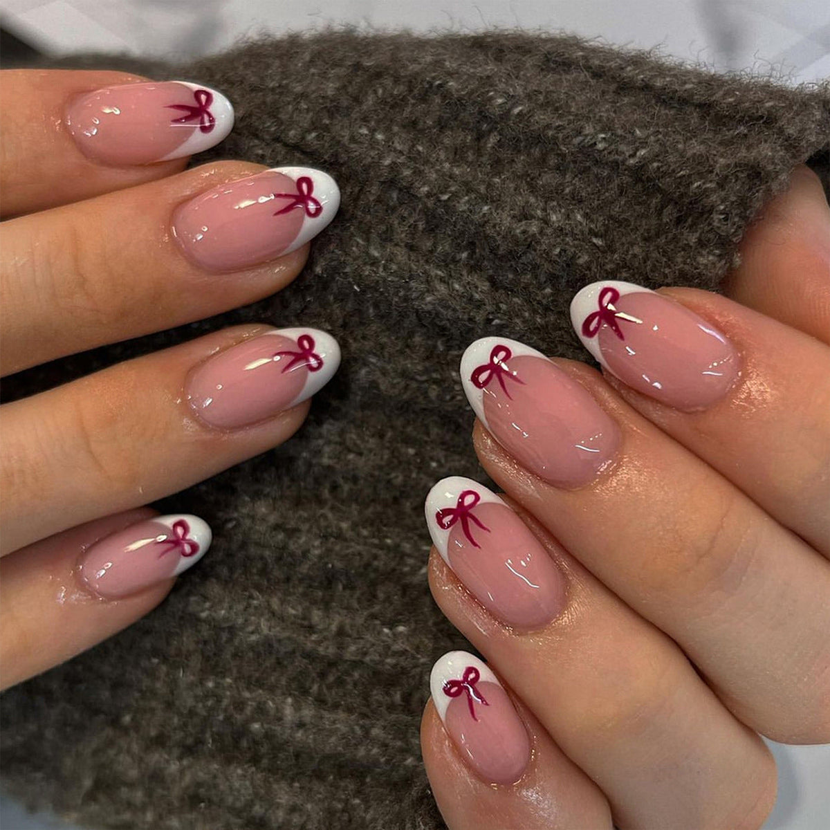 "White French & Burgundy Bow" - Precision Crafted Press-On Nails