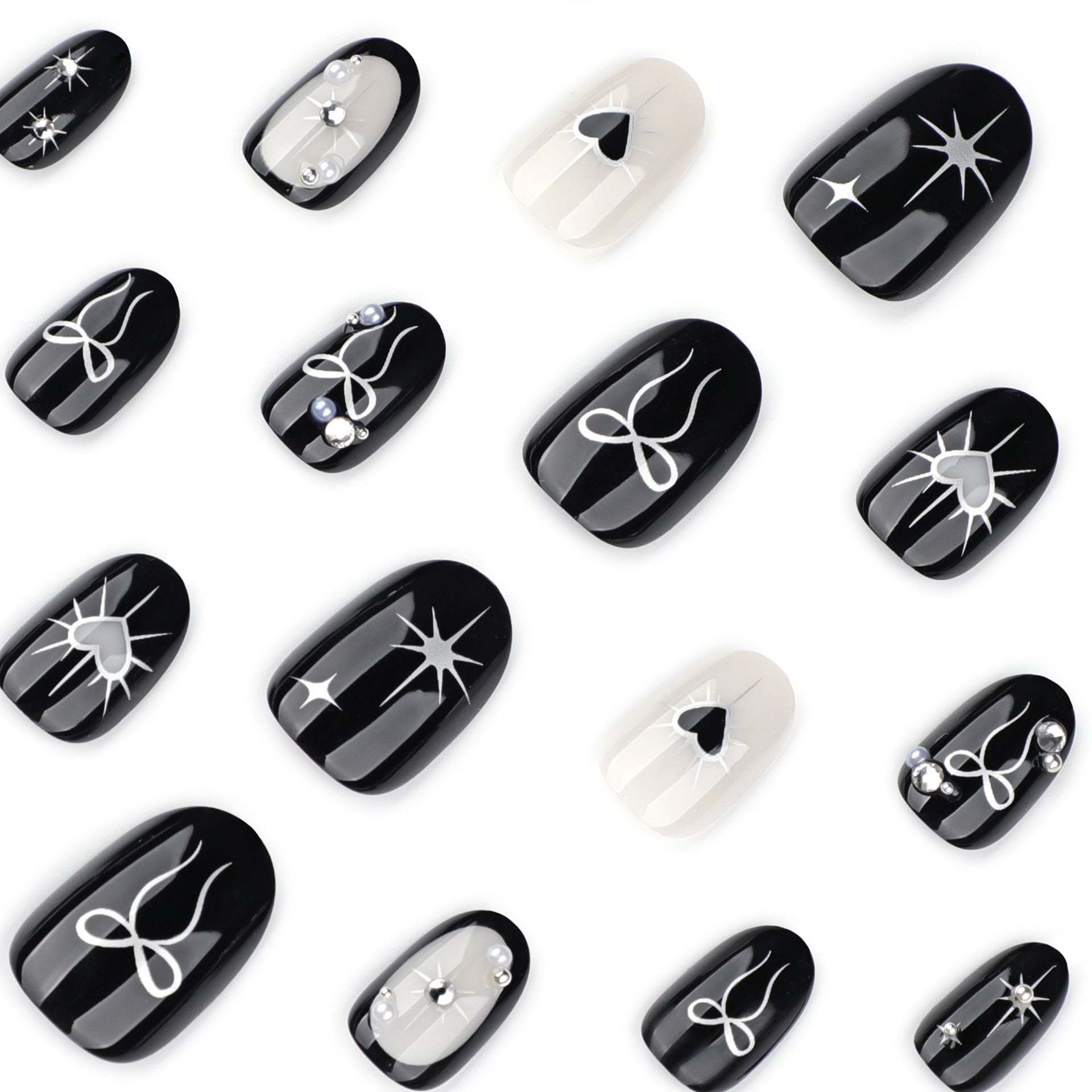 Black and White Heart Bow Nails with Pearl Accents