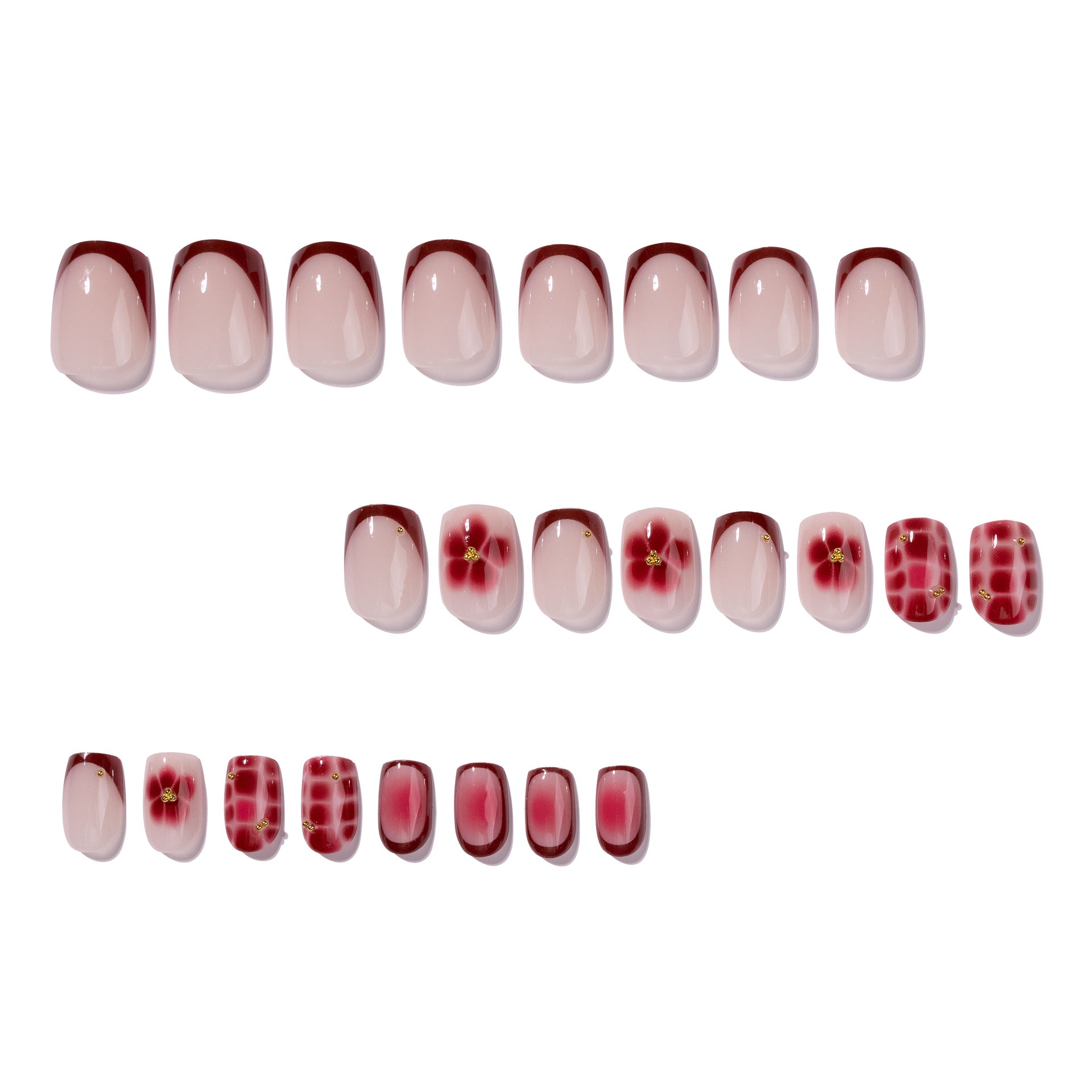 365nails: "Burgundy French Floral Square" – Ombre & Checker Press-on Nails