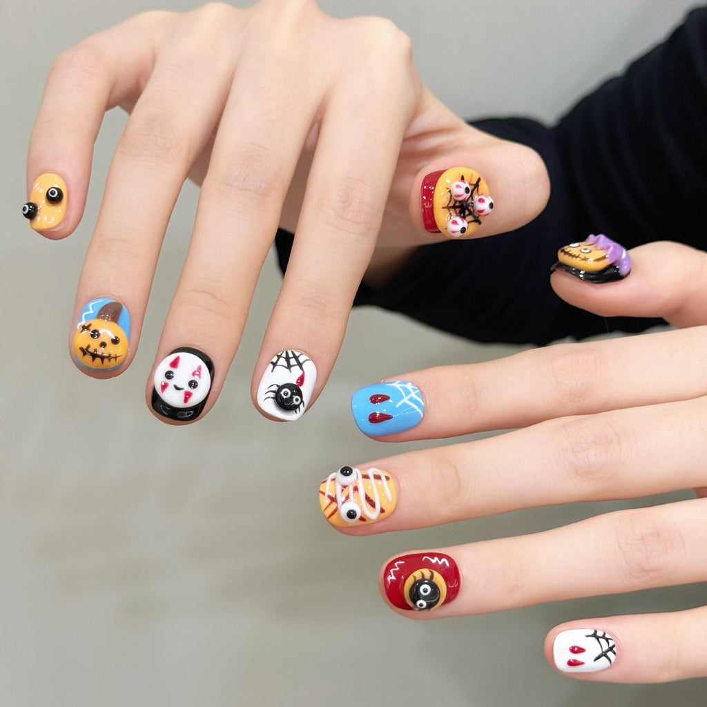 Colorful Halloween Cartoon Nails with Spooky Details