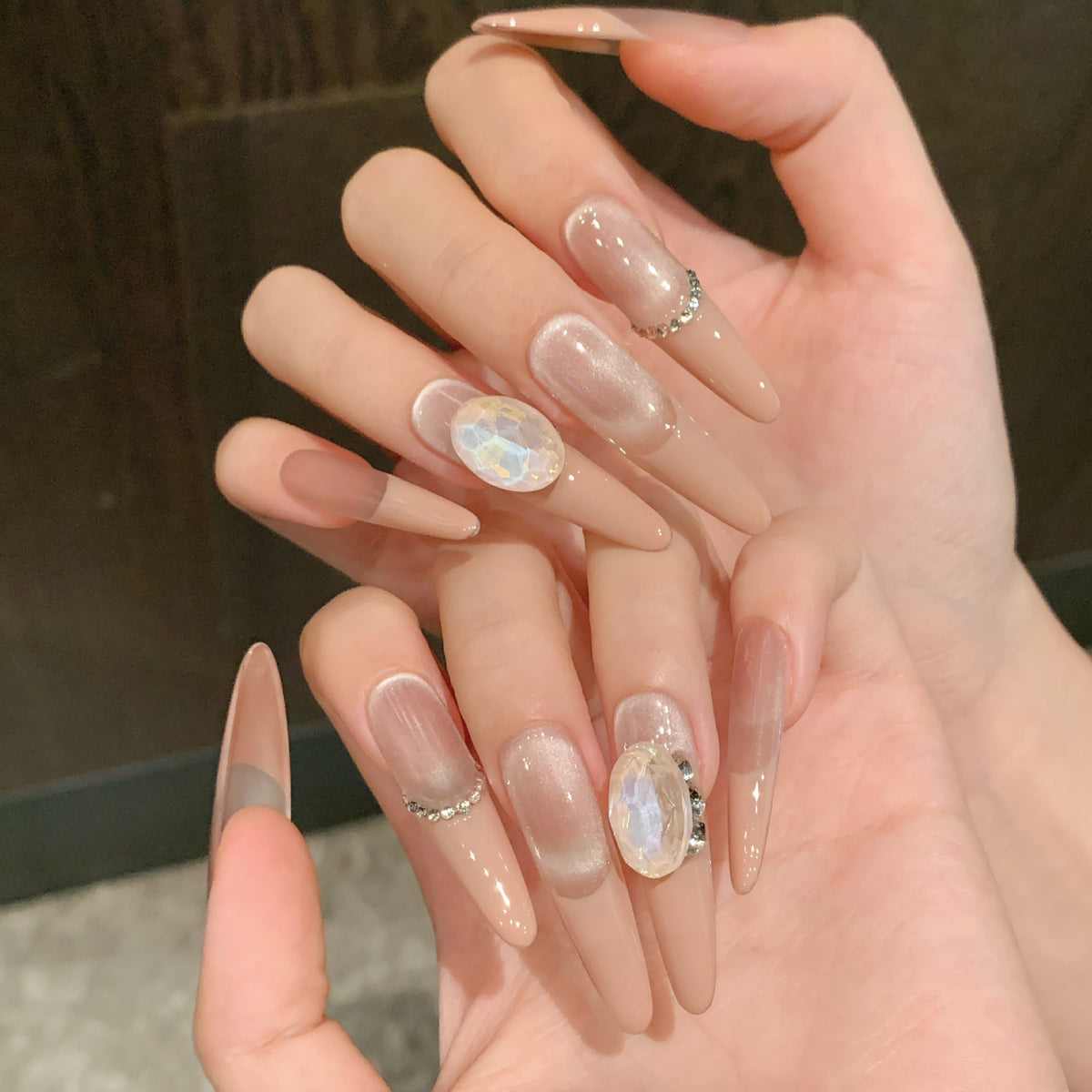 365nails: "Moonlight Sonata" – Iridescent Opal & Crystal Chain Handmade Stiletto Nails