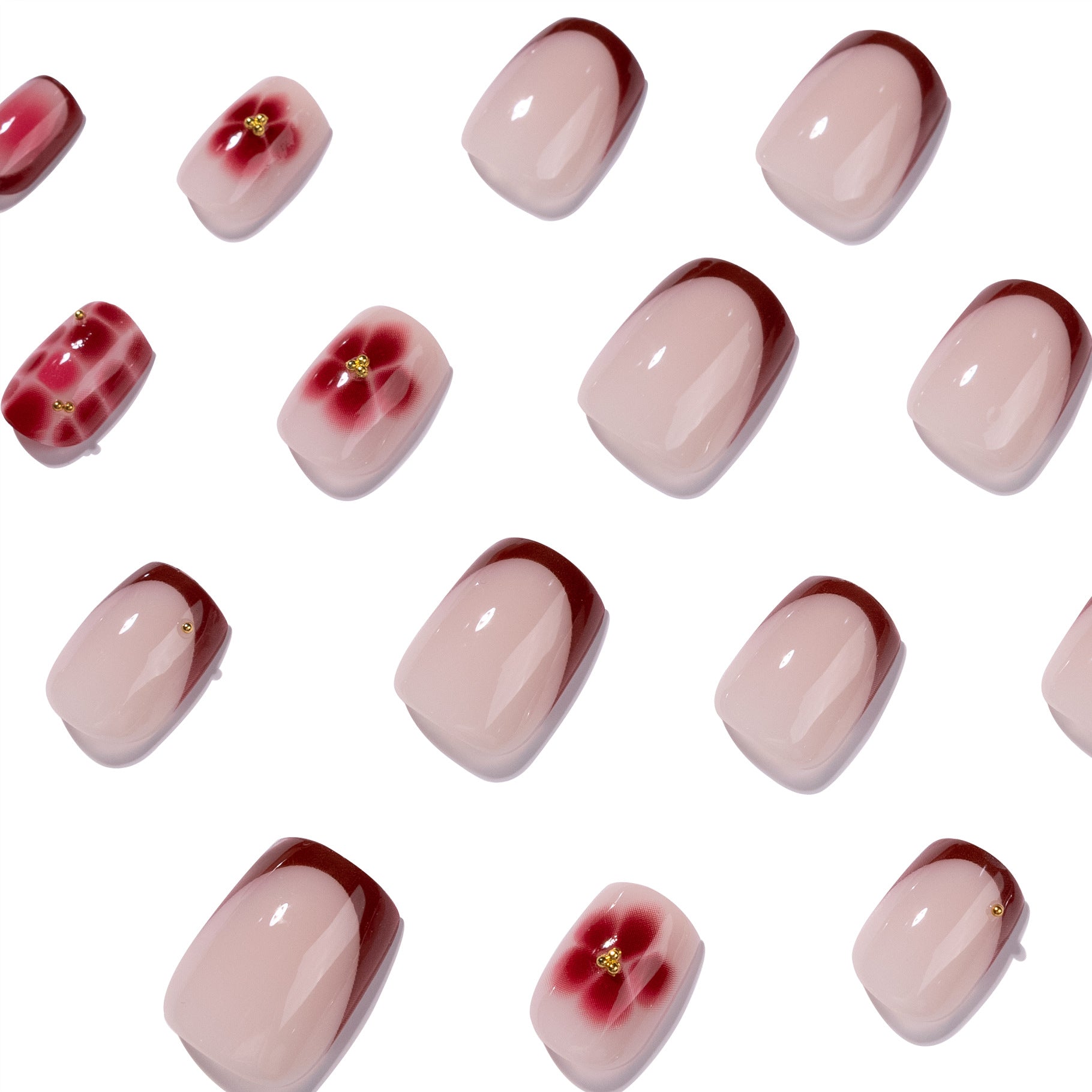 365nails: "Burgundy French Floral Square" – Ombre & Checker Press-on Nails
