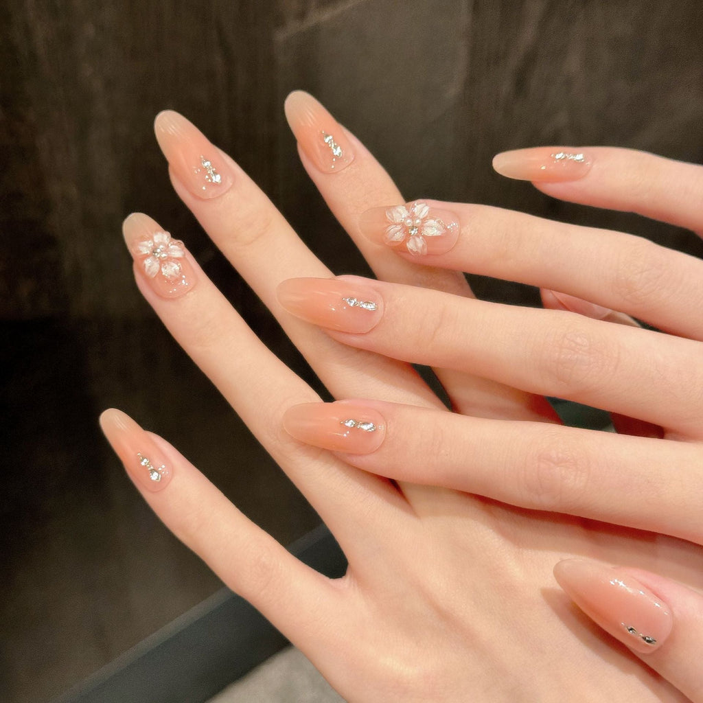 365nails: "Peach Blossom" – Hand-Painted Floral Handmade Short Almond Nails