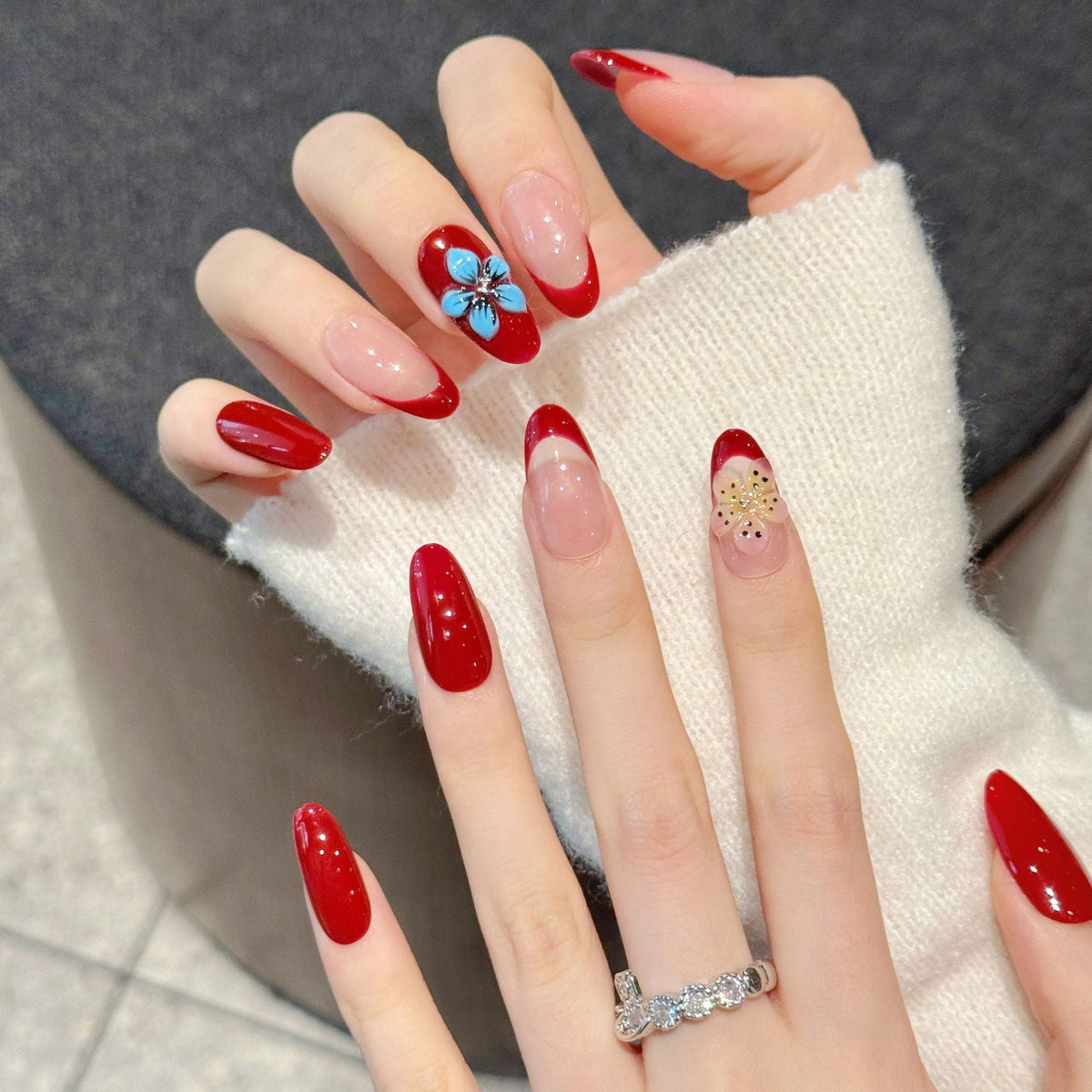 365nails: "Crimson Bloom" – 3D Floral French Tip Handmade Almond Nails