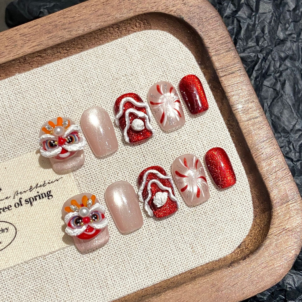 365nails: "Lucky Lion" – 3D Lion Dance & Cat-Eye Handmade Short Square Nails
