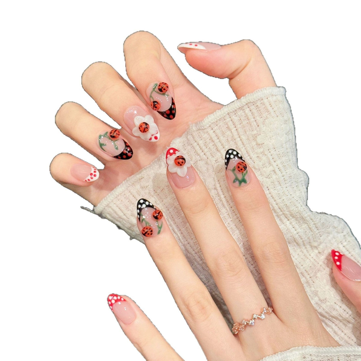 365nails: "Ladybug Garden" – 3D Ladybug & Floral Handmade Short Almond Nails