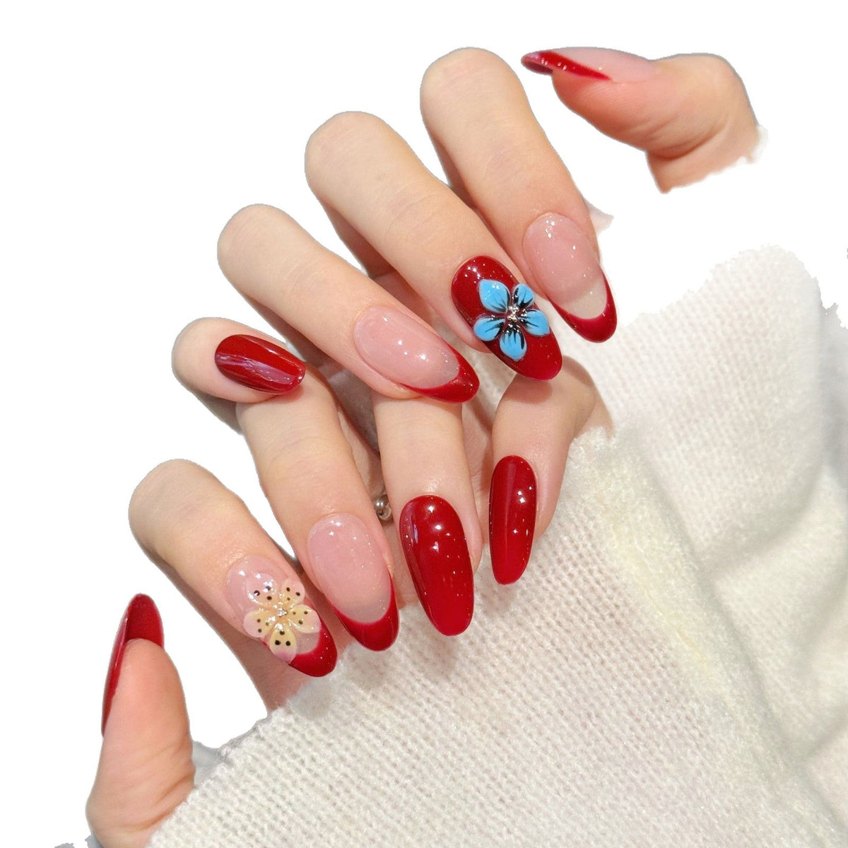365nails: "Crimson Bloom" – 3D Floral French Tip Handmade Almond Nails