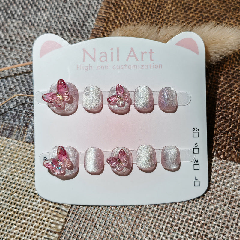365nails: "aurora pink butterfly" – short squoval handmade kids press-on nails