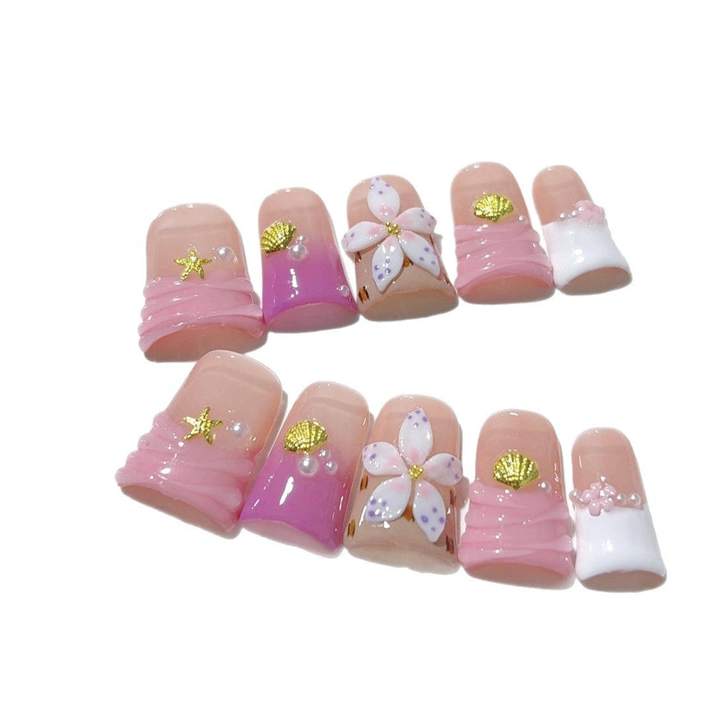 Coastal Bloom: "Seashell Sakura" – Short Square Nails