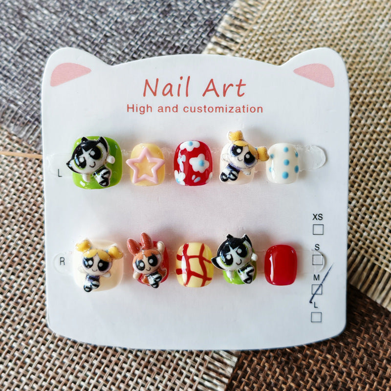 365nails: "powerpuff girls" – short round handmade kids press-on nails