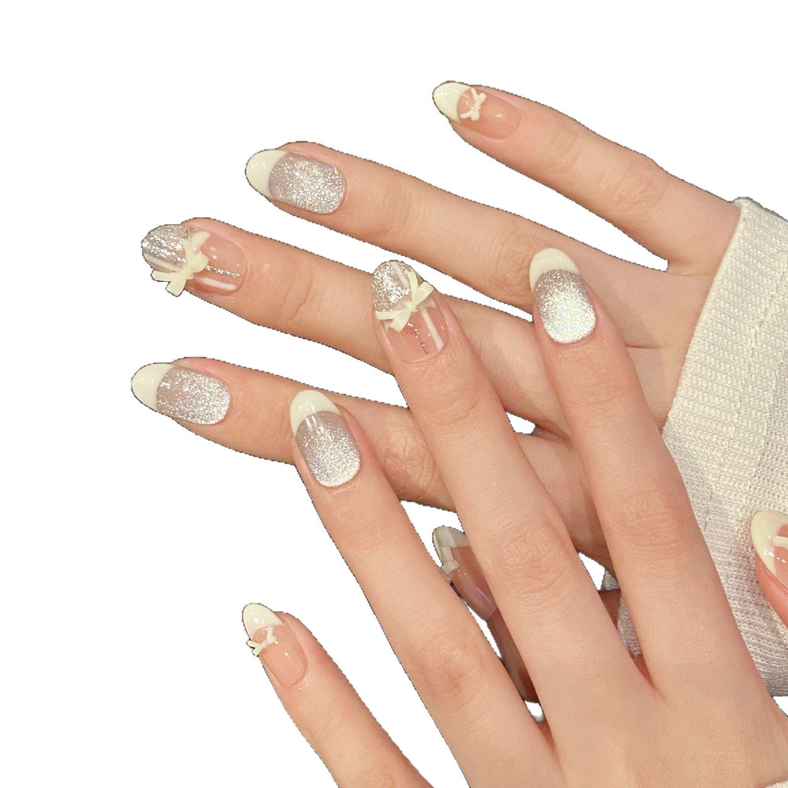 365nails: "Ballet Ribbon" – 3D Bow French Tip & Silver Glitter Handmade Coffin Nails