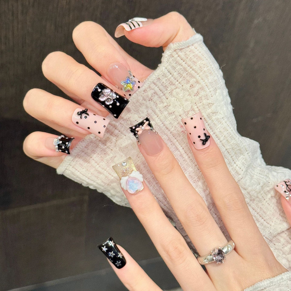 365nails: "Sweet Symphony" – 3D Bow & Music Note Handmade Short Square Nails