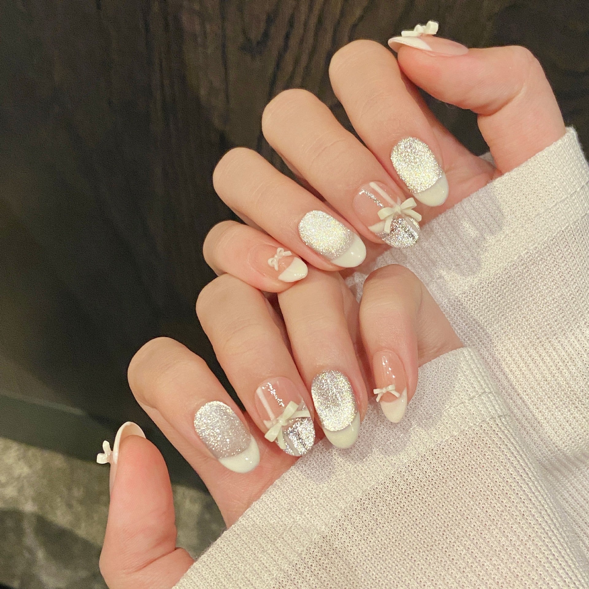 365nails: "Ballet Ribbon" – 3D Bow French Tip & Silver Glitter Handmade Coffin Nails