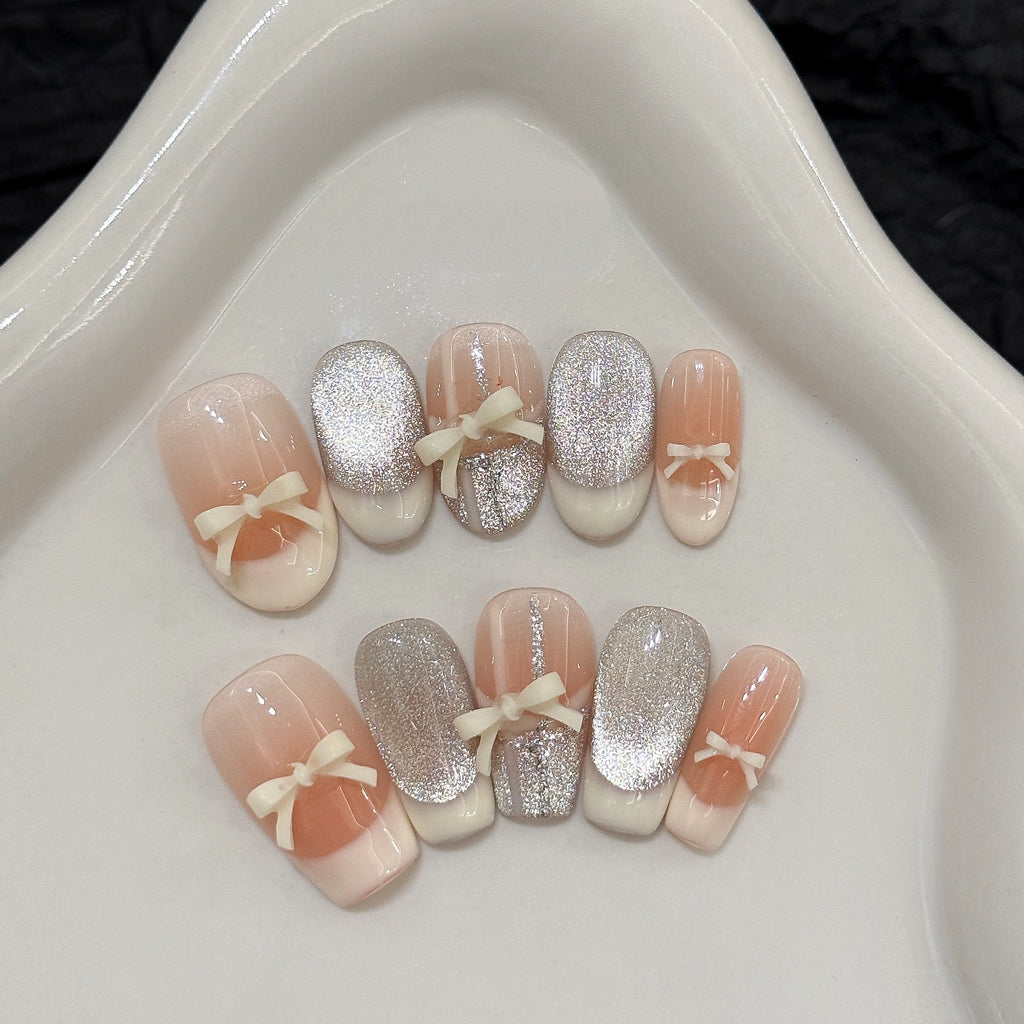 365nails: "Ballet Ribbon" – 3D Bow French Tip & Silver Glitter Handmade Coffin Nails