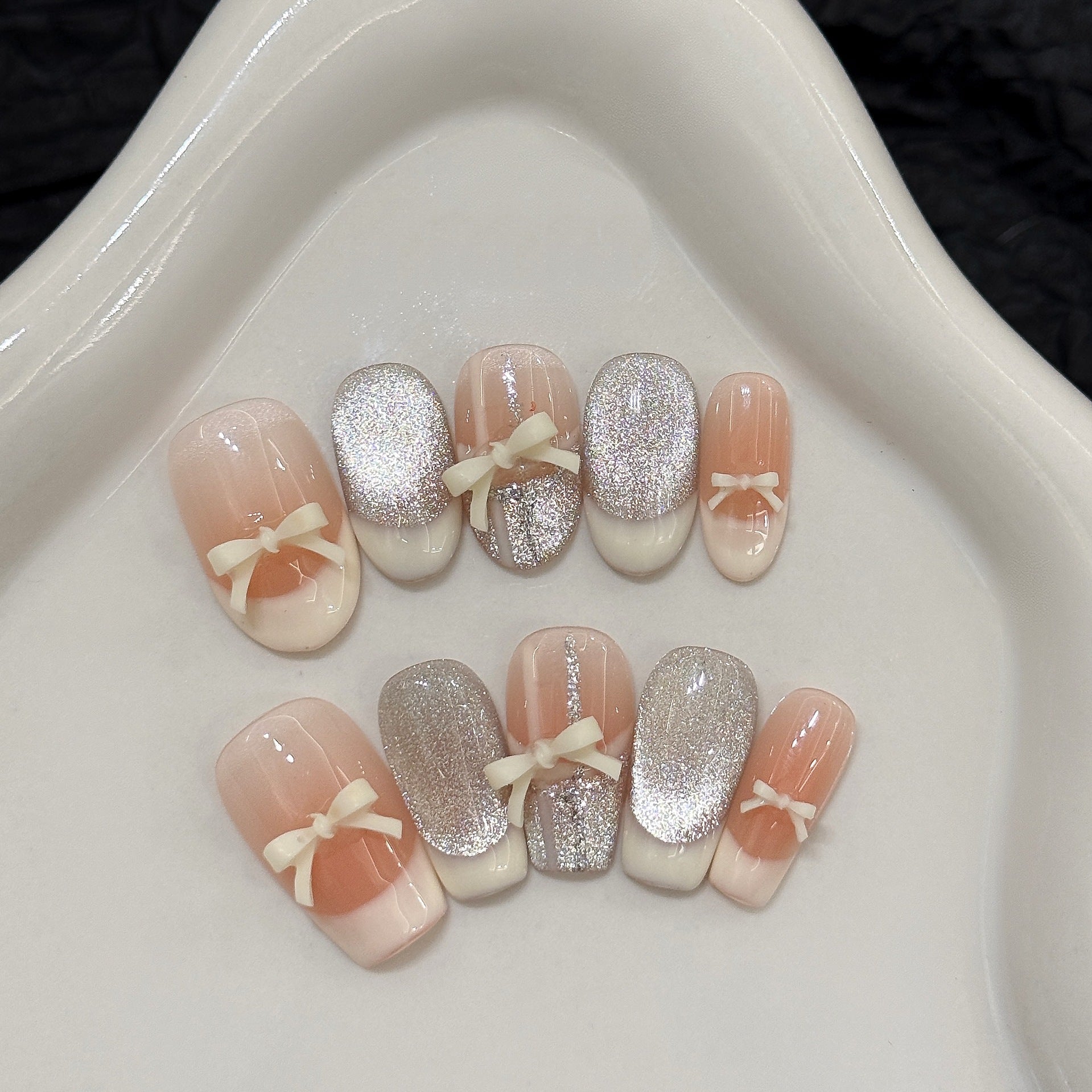 365nails: "Ballet Ribbon" – 3D Bow French Tip & Silver Glitter Handmade Coffin Nails