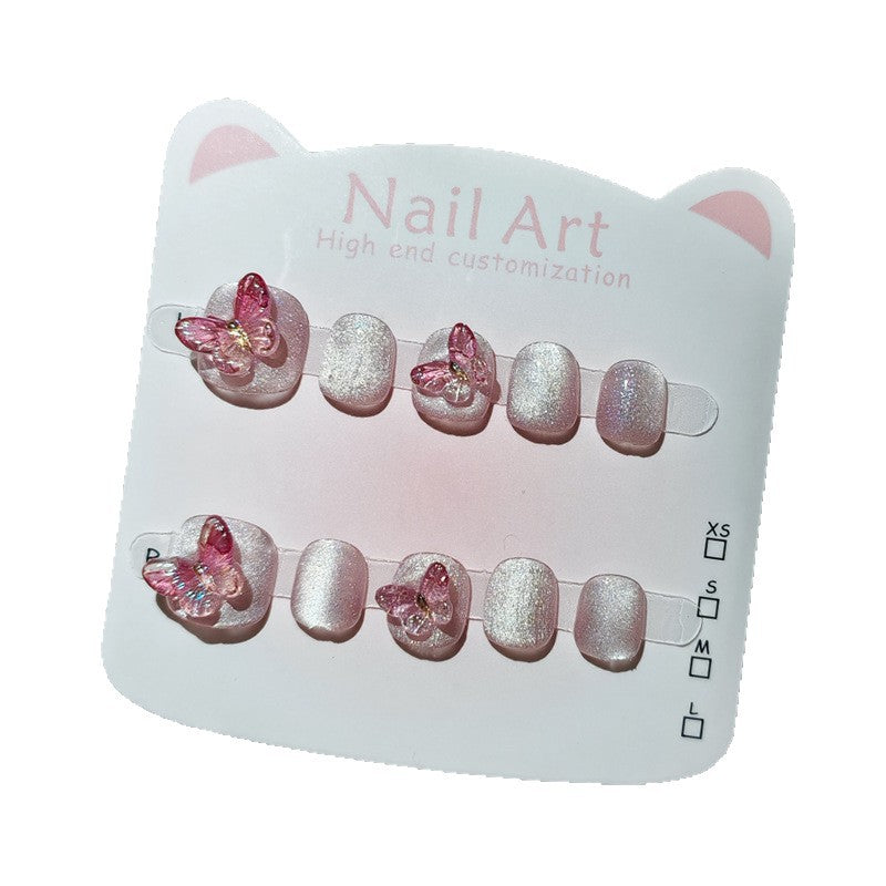 365nails: "aurora pink butterfly" – short squoval handmade kids press-on nails