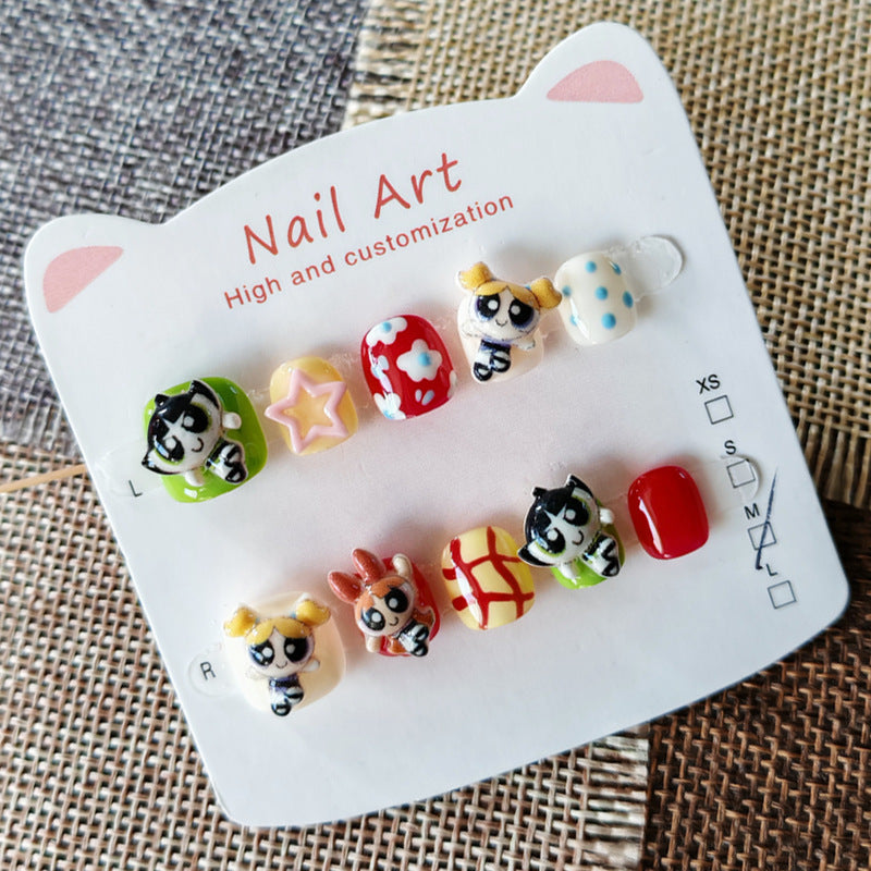 365nails: "powerpuff girls" – short round handmade kids press-on nails