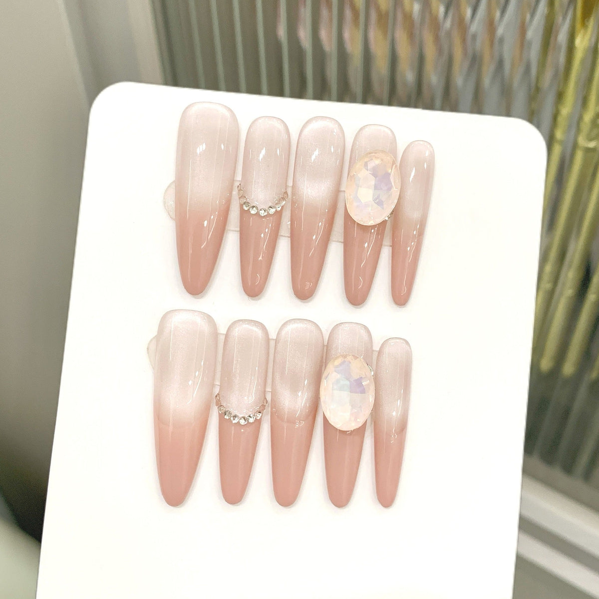 365nails: "Moonlight Sonata" – Iridescent Opal & Crystal Chain Handmade Stiletto Nails