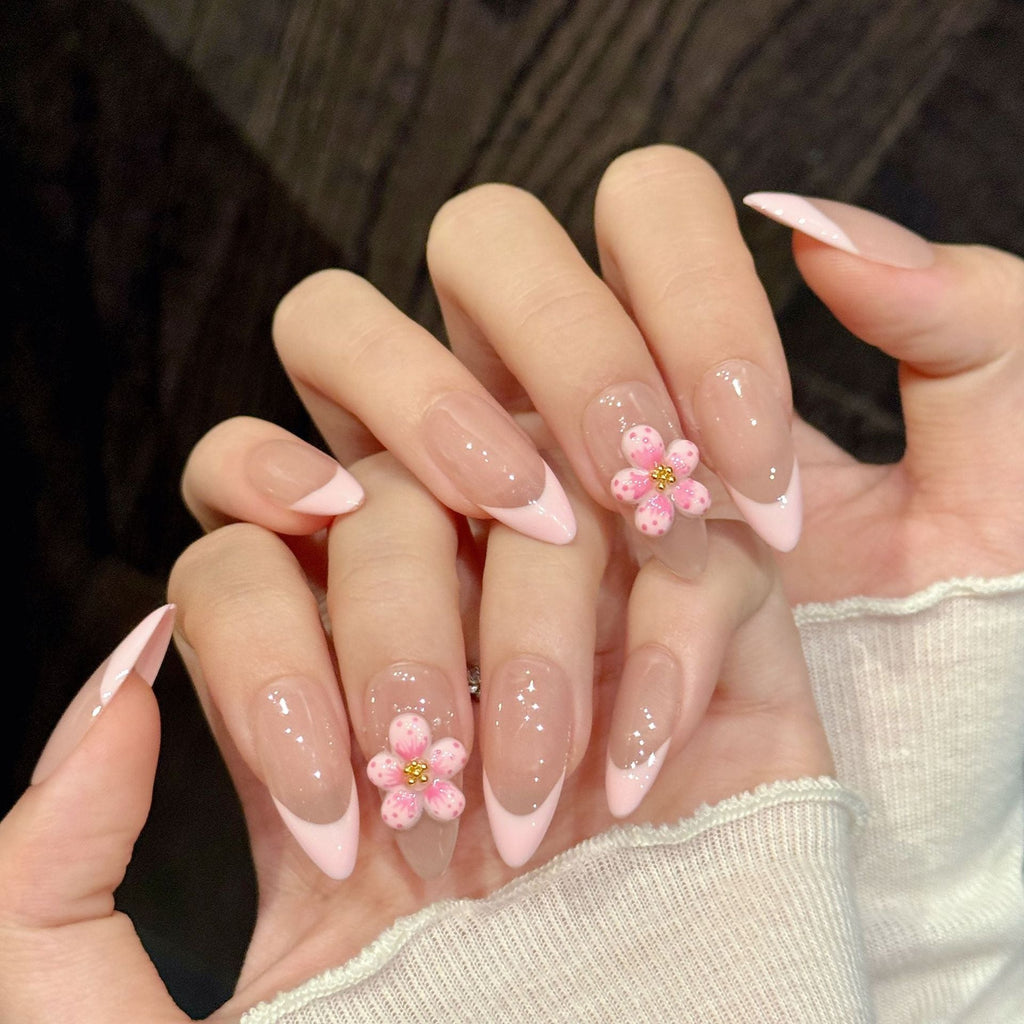 365nails: "Sakura Blush" – 3D Floral French Tip Handmade Almond Nails