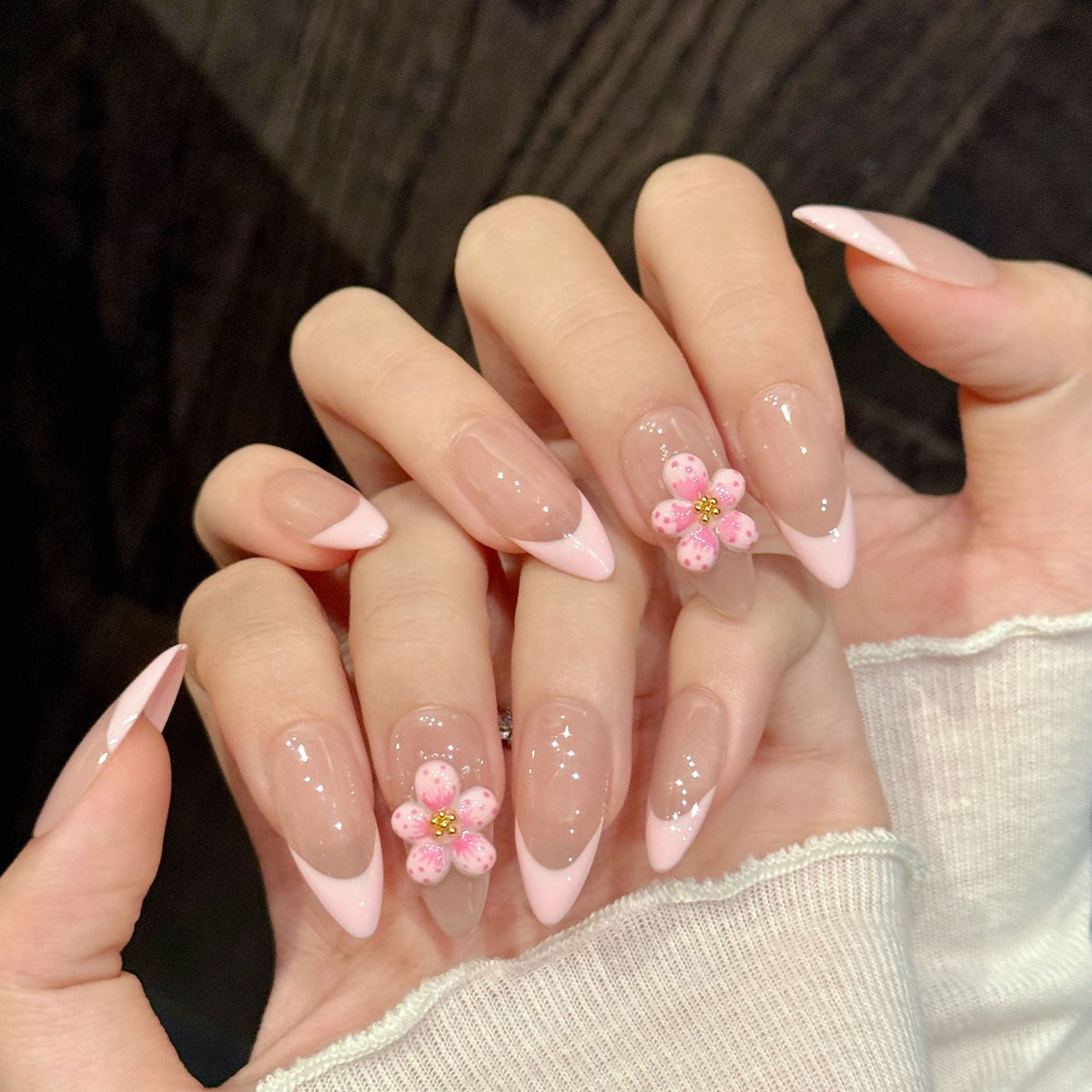365nails: "Sakura Blush" – 3D Floral French Tip Handmade Almond Nails
