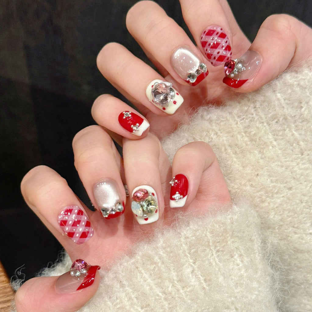 365nails: "Candyland Christmas" – 3D Bow & Plaid Short Square Nails