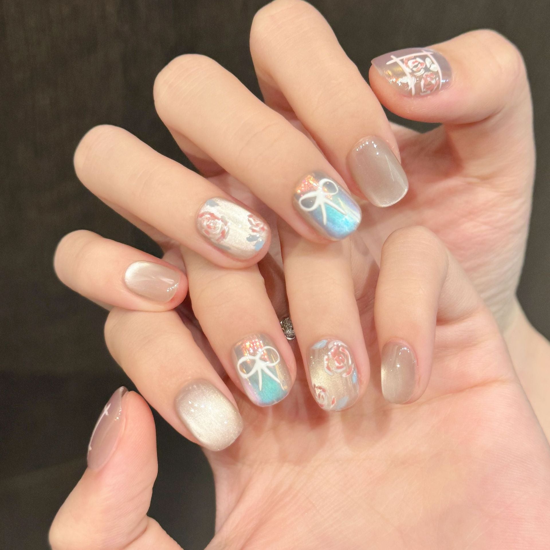 365nails: "Dreamy Opal" – Hand-Painted Floral & Bow Cat Eye Handmade Square Nails