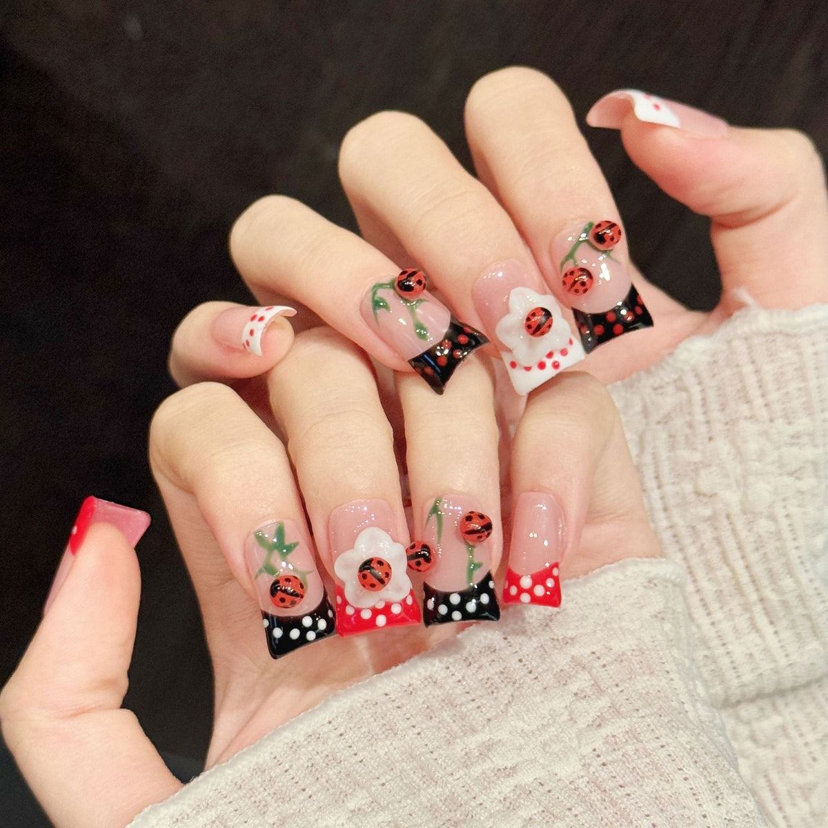 365nails: "Ladybug Garden" – 3D Ladybug & Floral Handmade Short Almond Nails