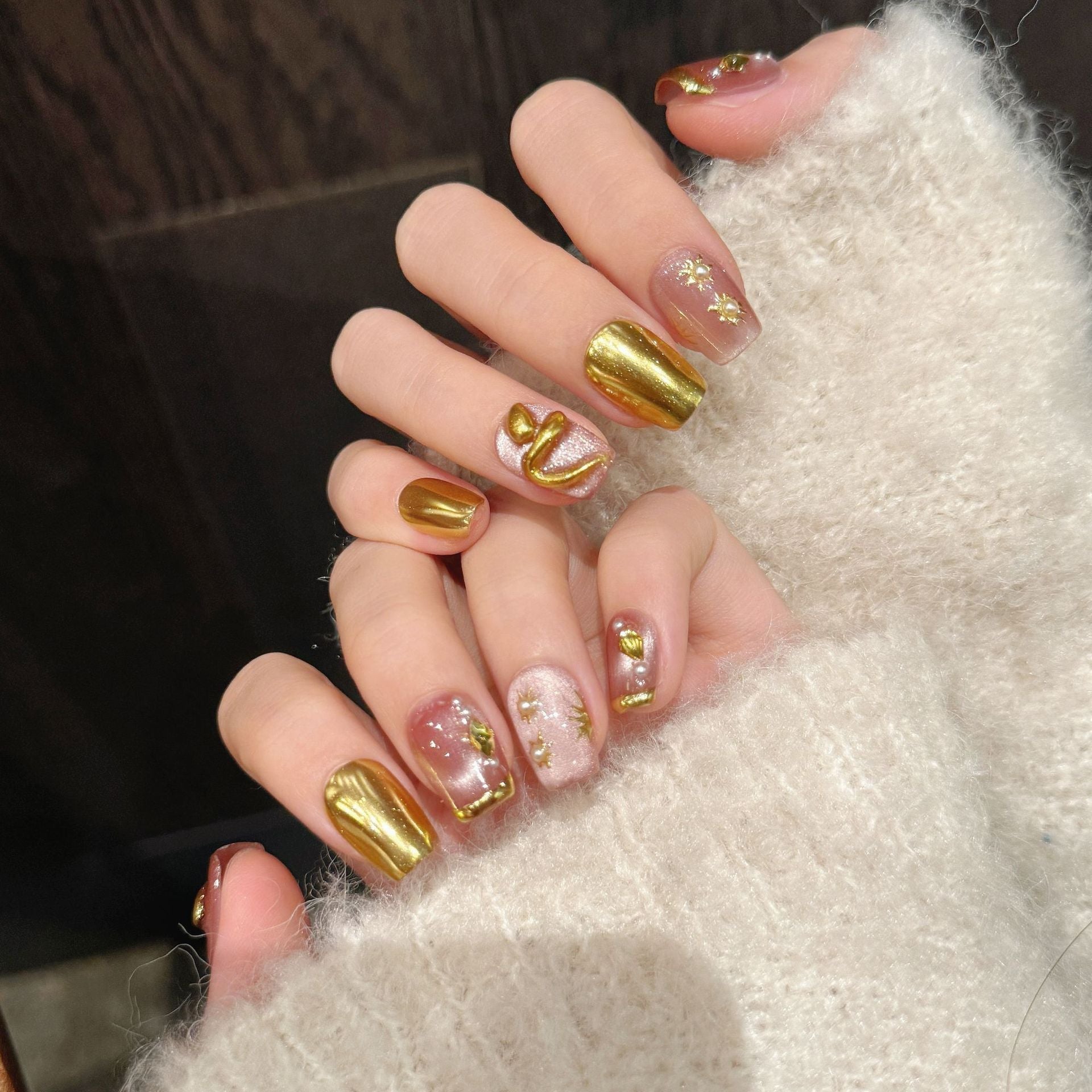 365nails: "Golden Serpent" – 3D Gold Snake & Metallic Handmade Short Square Nails
