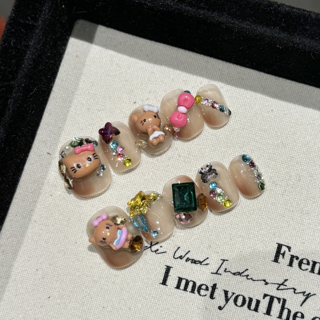 365nails: "Kitty Sparkle" – 3D Cartoon Handmade Short Square Nails