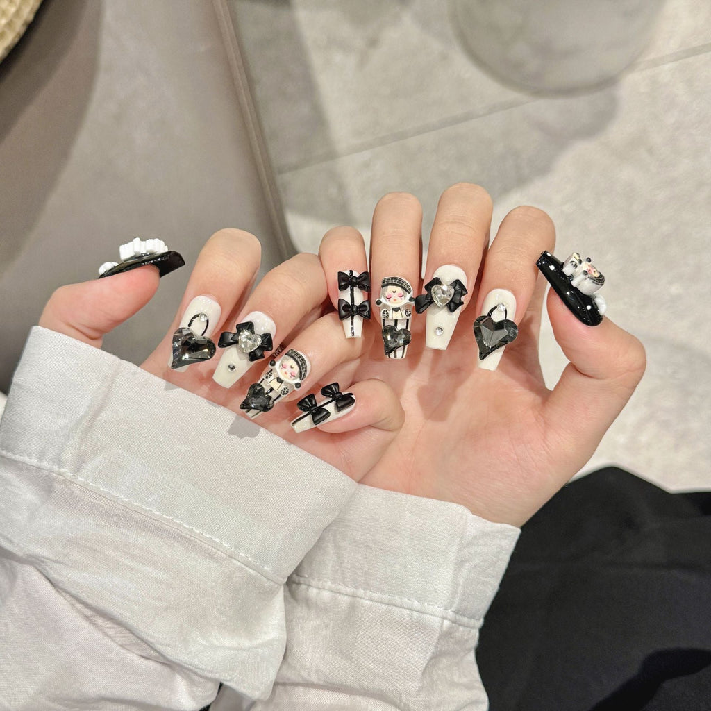 365nails: "Dark Pop Queen" – 3D Doll & Heart Charm Handmade Medium Coffin Nails