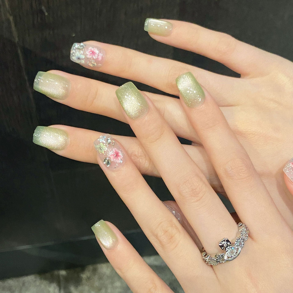 365nails: "Whispering Meadow" – 3D Floral & Cat Eye Handmade Short Square Nails